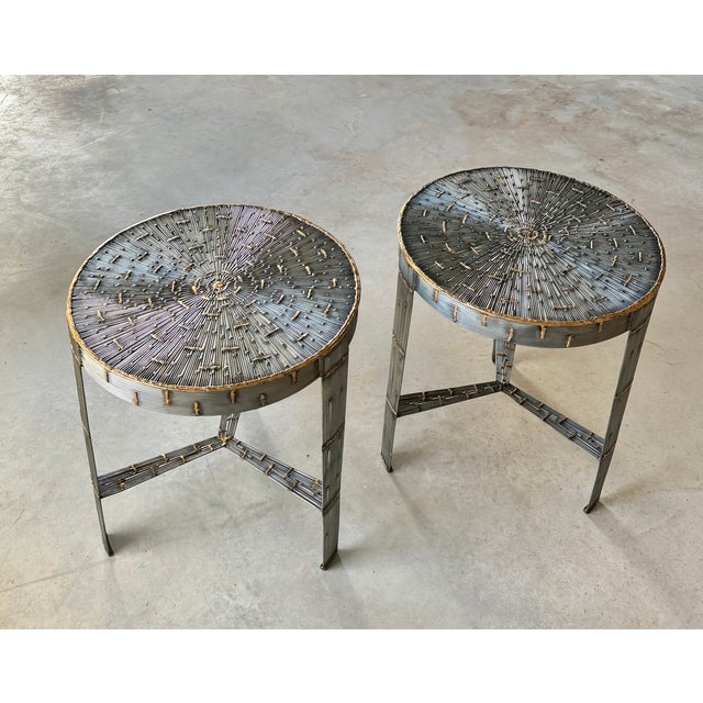 Metal Round Pair of Hand-Welded Steel Rod Brutalist Tables, Set of Two, Tripod Legs For Sale - Image 7 of 17