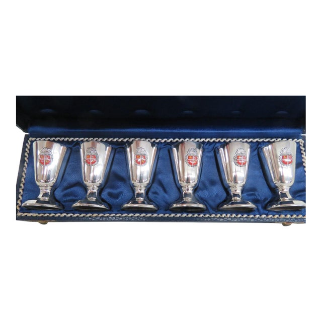 Boxed Set of 6 Newfoundland Crest Small Goblets Shot Cordial Metal Cups 4960b For Sale