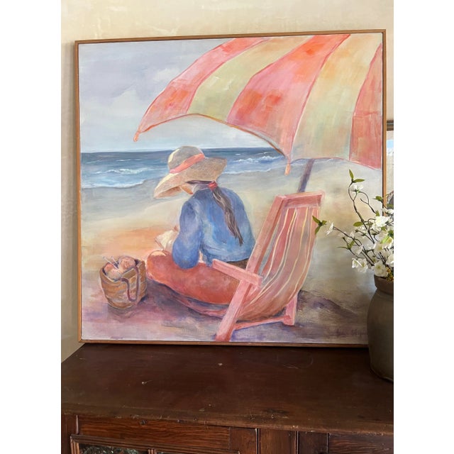Large square acrylic painting on canvas signed by the artist and titled "Summer at the Beach". Framed in simple light wood.