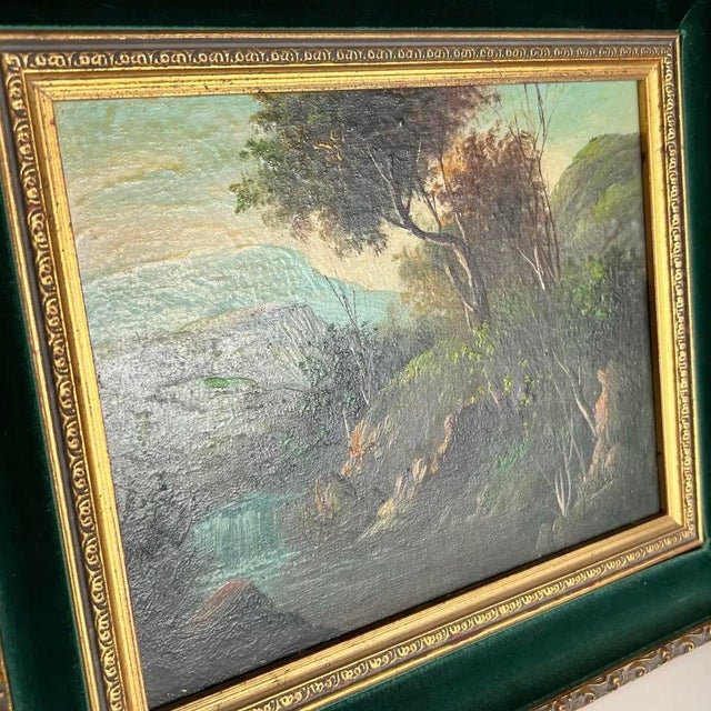 Late 20th Century 19th Century Style European Landscape Oil Painting, Giltwood & Green Velvet Frame For Sale - Image 5 of 7
