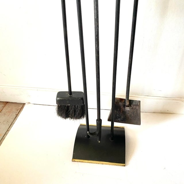 Metal Mid Century Modernist Fireplace Tool Set Black Wrought Iron & Brass For Sale - Image 7 of 9