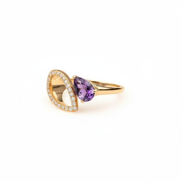 Modern Pear Amethyst 14k Gold Ring, Size 7.5 For Sale - Image 3 of 10