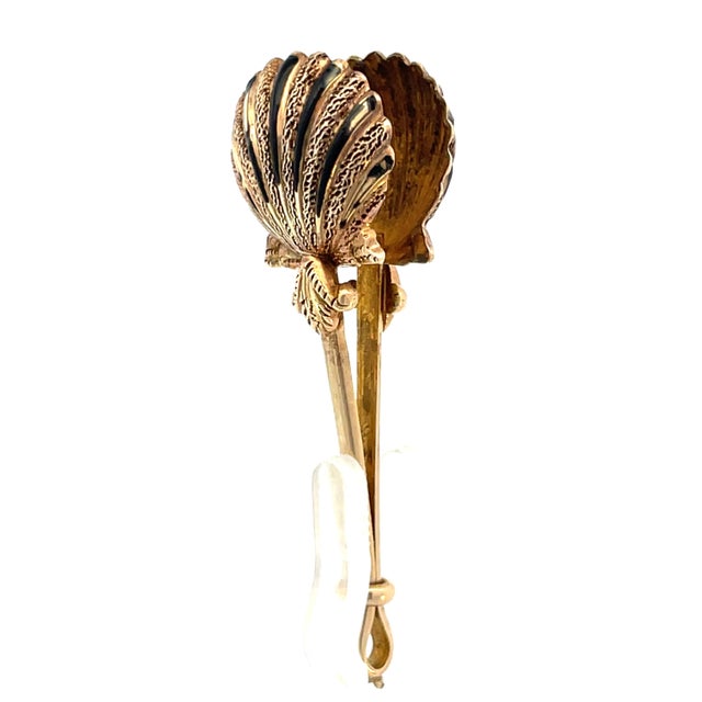 Metal Solid Yellow Gold & Black Enamel Shell Unique Vintage Handkerchief Holder For Sale - Image 7 of 8