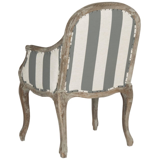 Modern Armchair With Awning Stripes in Flat Black nailheads in Grey & Off White & Pickled Oak For Sale - Image 3 of 7