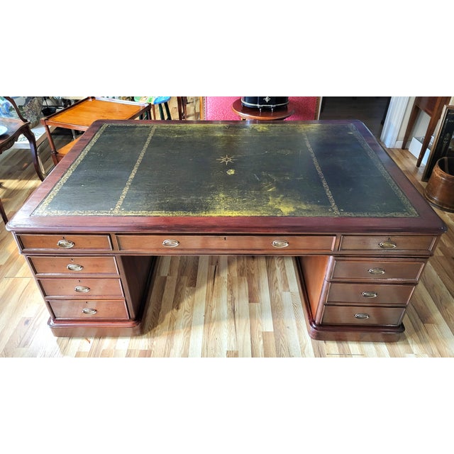 19th C English Executive Mahogany & Gold Tooled Leather Top Partners Desk For Sale In New York - Image 6 of 13