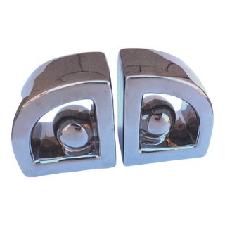 Pair Vintage Jaru Post Modern Geometric Chrome Ceramic Bookends Set of 2 For Sale