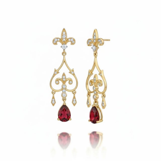 Silver, Gold Fleur de Lis Earrings with garnet and colorless topazes. Vintage Inspired Statement Earrings. Weight: 4.5 gr...