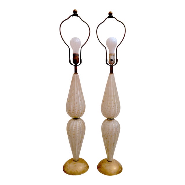 Vintage Mid Century Murano Venetian White & Gold Glass Lamps- a Pair For Sale