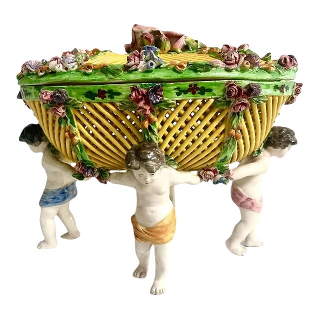 Antique Italian Lattice Lidded Centerpiece Ceramic Bowl on Putti Cherub For Sale