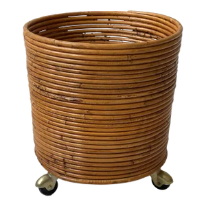 Vintage Italian Split Reed Rolling Waste Basket / Planter by Dept 56, Made in Italy, Circa 1970s