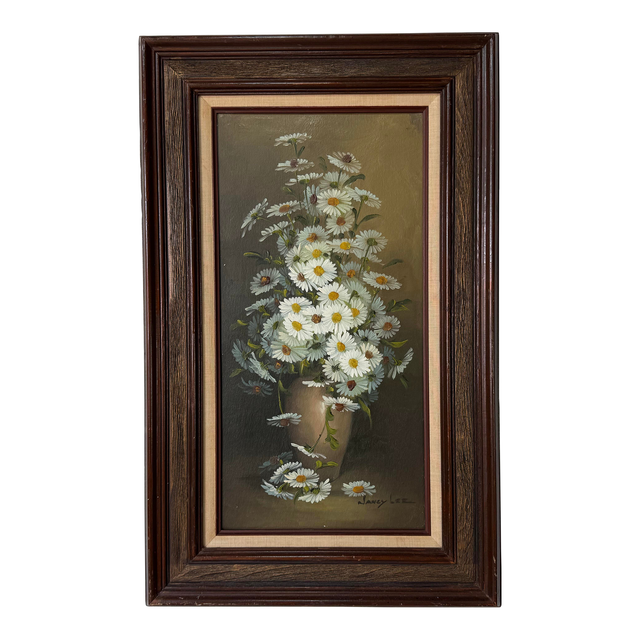 1970s Janey Lee Still Life - Daisies in Vase Oil on Canvas