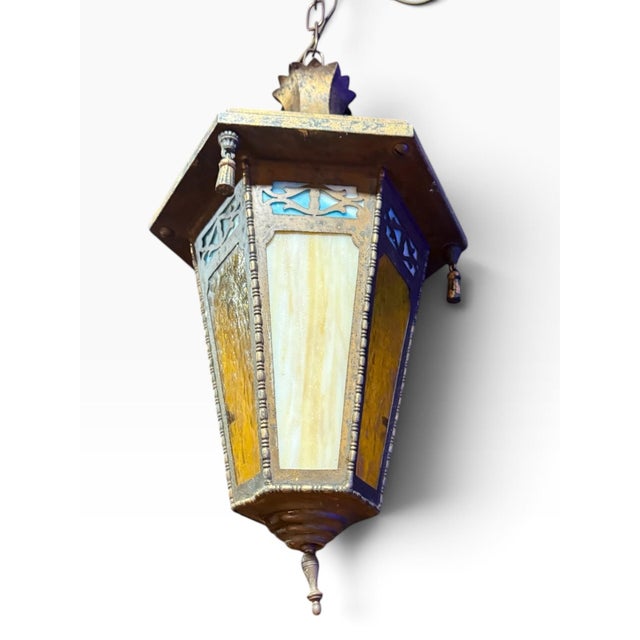 Metal Vintage Gothic 6 Panel Stained Glass Swag Lamp Hanging Lantern For Sale - Image 7 of 9
