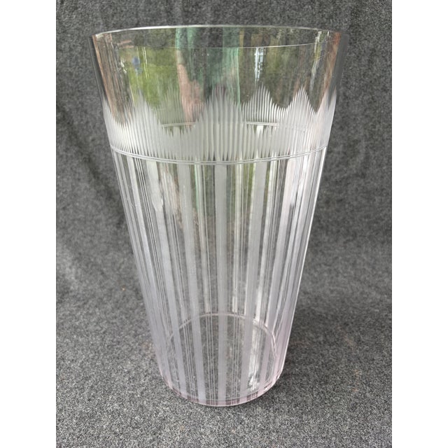 Large, tall vintage finely etched stripe crystal vase. Bands of fine stripes along the body accented at the top with a...