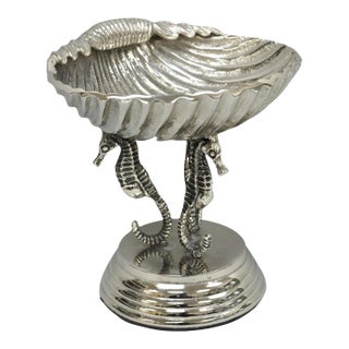 Contemporary Decorative Nautical Silver Plated Seahorse Clamshell Pedestal Compote Candy Dish For Sale