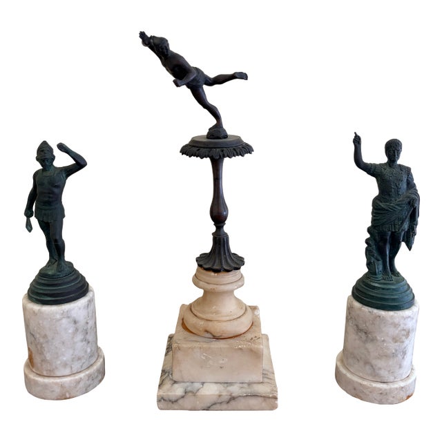 Collection of Grand Tour Style Neoclassical Metal Figures on Marble Bases For Sale