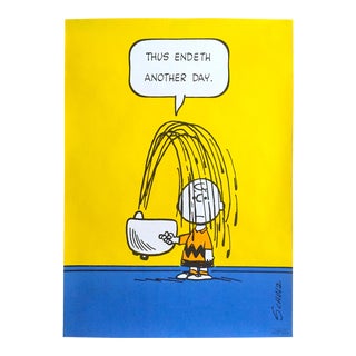 Vintage 1950 Peanuts Charlie Brown Charles Schulz Lithograph Print Collector's Poster " Thus Endeth Another Day " For Sale