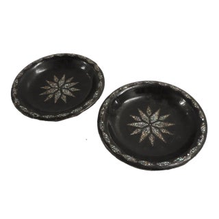 Vintage Black Papier Mache Wine Coasters With Encrusted Abalone Shell Details - Set of 2 For Sale