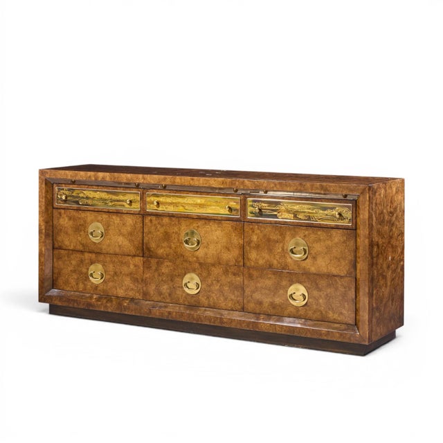 Mid-Century Modern Bernhard Rohne for Mastercraft Mid Century Burlwood and Acid Etched Brass Dresser For Sale - Image 3 of 8