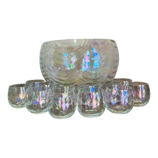 Vintage-Mid Century Draping Iridescent Glass 14 Piece Punch Bowl Set-Includes Glass Ladle Not Pictured For Sale