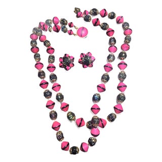 MCM Jewelry Hot Pink Lava Bead Necklace and Earrings Demi-Parure For Sale