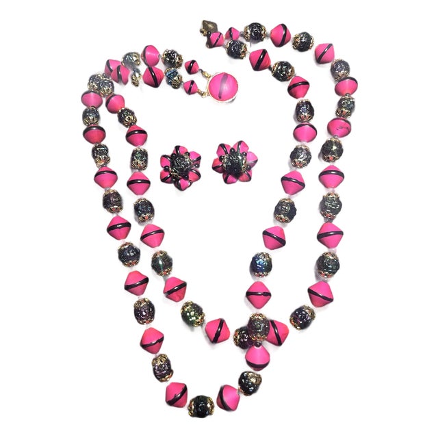 MCM Jewelry Hot Pink Lava Bead Necklace and Earrings Demi-Parure For Sale