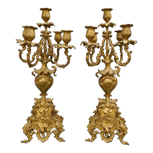 Pair of Early 20th Century Renaissance Revival Style Brass Five Light Candelabras For Sale