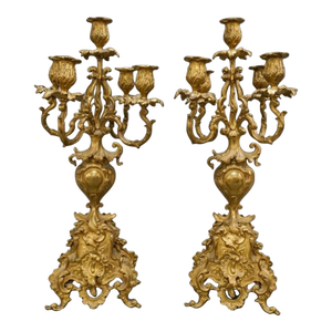 Pair of Early 20th Century Renaissance Revival Style Brass Five Light Candelabras