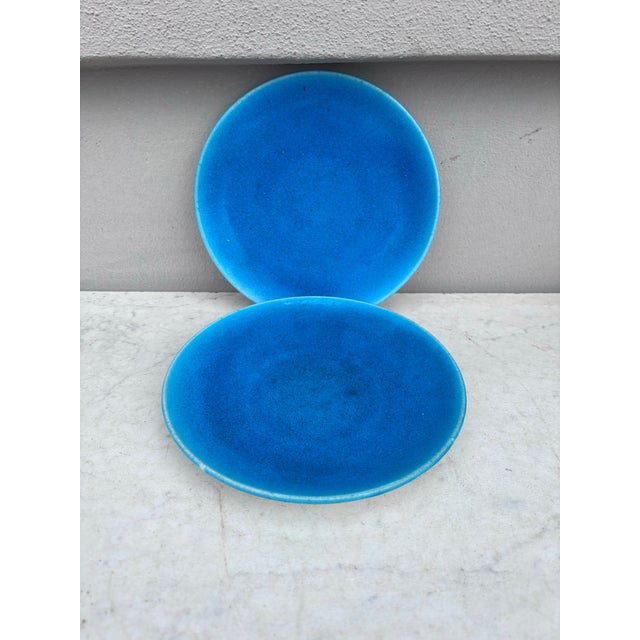 Art Deco Pair of Art Deco French Aqua Blue Plates Edmond Lachenal For Sale - Image 3 of 5