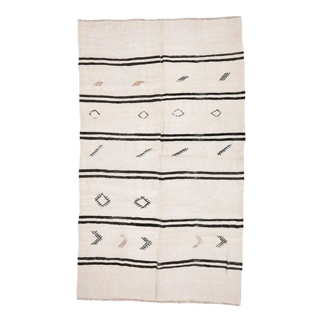 Mid 20th Century Mid 20th Century White & Black Vintage Hemp Rug For Sale
