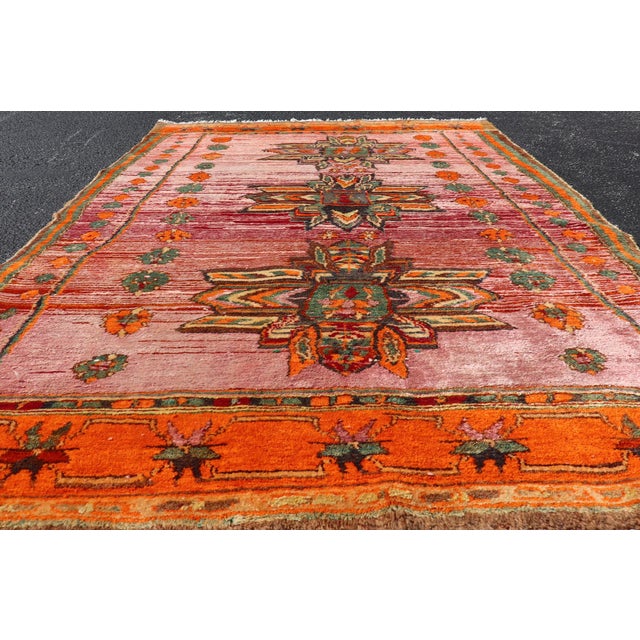 Vintage Caucasian Kazak Rug With Tribal Medallions in Pink and Orange 3'9 X 5'9 For Sale In Atlanta - Image 6 of 11