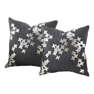 Ashley Childers for Global Views Christie Linen & Leather Appliqué Pillows — Pair For Sale