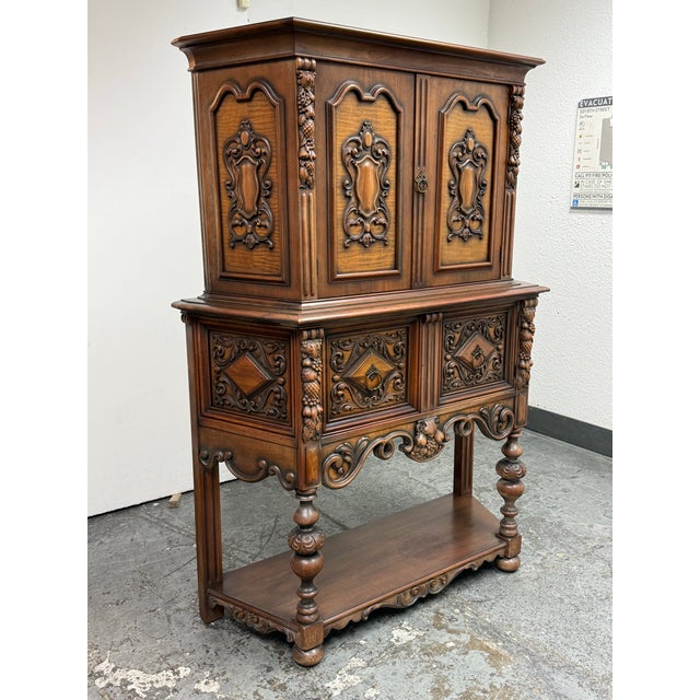 Traditional Empire Manufacturing Company Tudor Revival Walnut Highboard Cabinet, Circa 1920's For Sale - Image 3 of 12