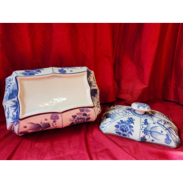Final Clearance Canton Export 39.5" Circumference Hand Painted Blue & White Koi Tureen or Catchall Casket of 20th Century For Sale - Image 11 of 12