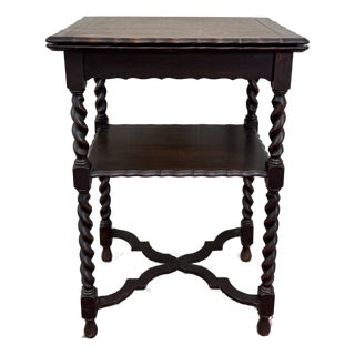 Antique English Flip Top Game Table Barley Twist Side Table Carved Oak C. 1930s For Sale