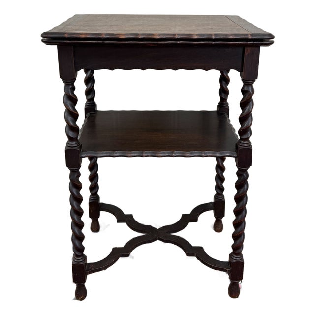 Antique English Flip Top Game Table Barley Twist Side Table Carved Oak C. 1930s For Sale