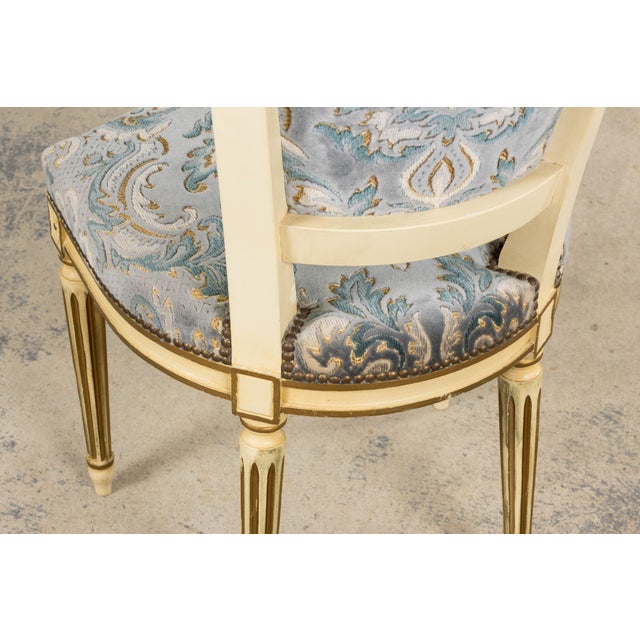 Antique French Louis XVI Style Painted Side Chairs W/ Blue Velvet Damask – A Pair For Sale - Image 10 of 18