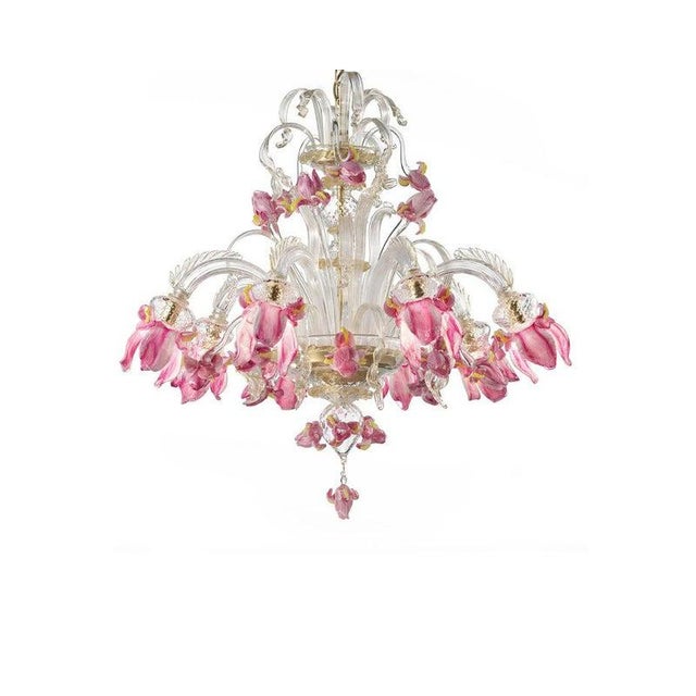 Classical venetian pink floreal Murano glass chandelier. All made by hand in clear Murano glass with gold-leaf trimming...