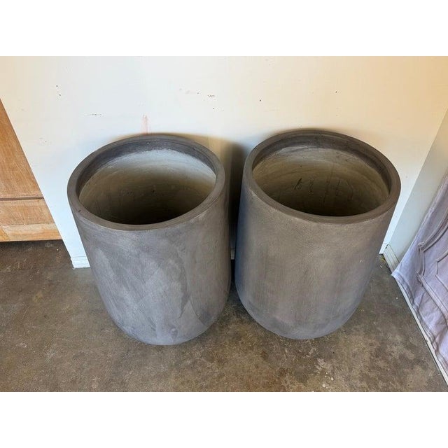 Slate Gray Pair of Monumental Tall Cylinder Planters - Dark Slate Gray Pots For Sale - Image 8 of 12