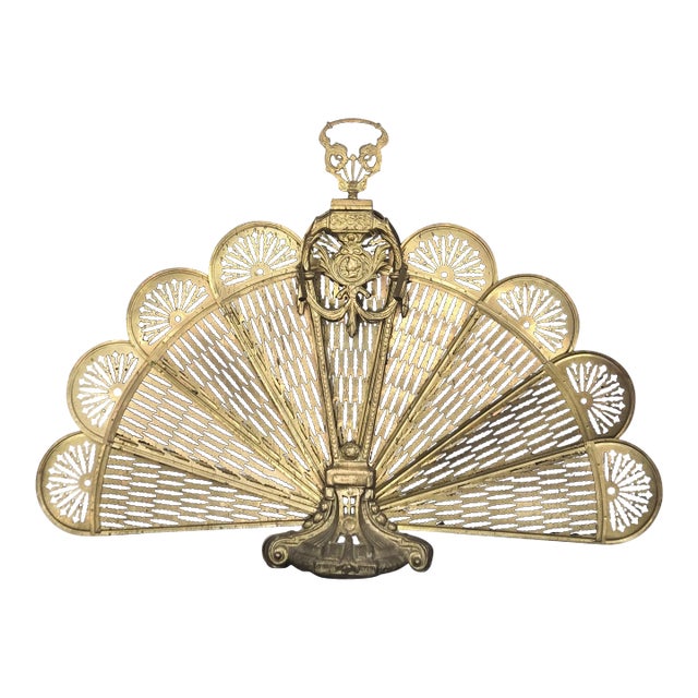 Antique Victorian Cameo Brass Peacock Folding Fan Fireplace Screen For Sale