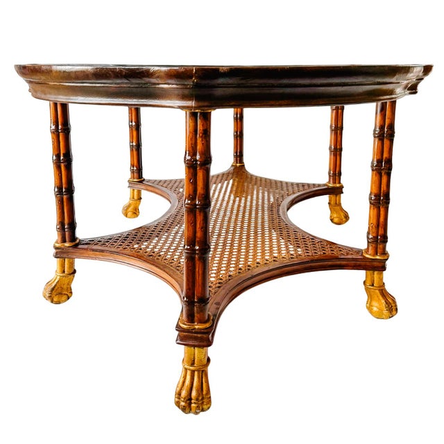 Vintage Large English Regency Style Faux-Bamboo Coffee Table With Caned Tier & Gilt Lion Paw Feet For Sale - Image 4 of 13