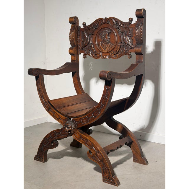 Antique Renaissance Revival Savonarola Chair in Hand-Carved Oak For Sale - Image 3 of 6