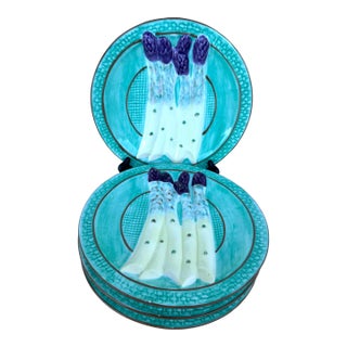 Set of 4 Vintage Majolica Asparagus Plates For Sale