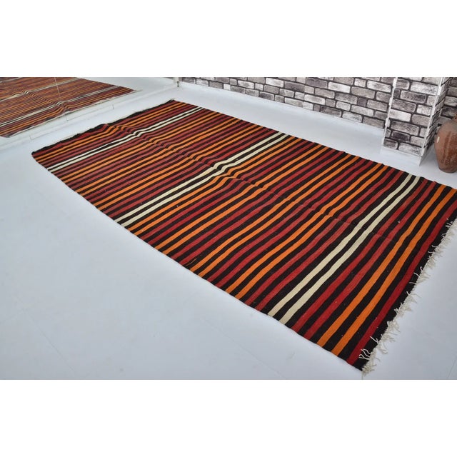 Turkish Vintage Mid-Century Turkish Striped Kilim Runner Rug in Orange, Red & Cream For Sale - Image 3 of 14