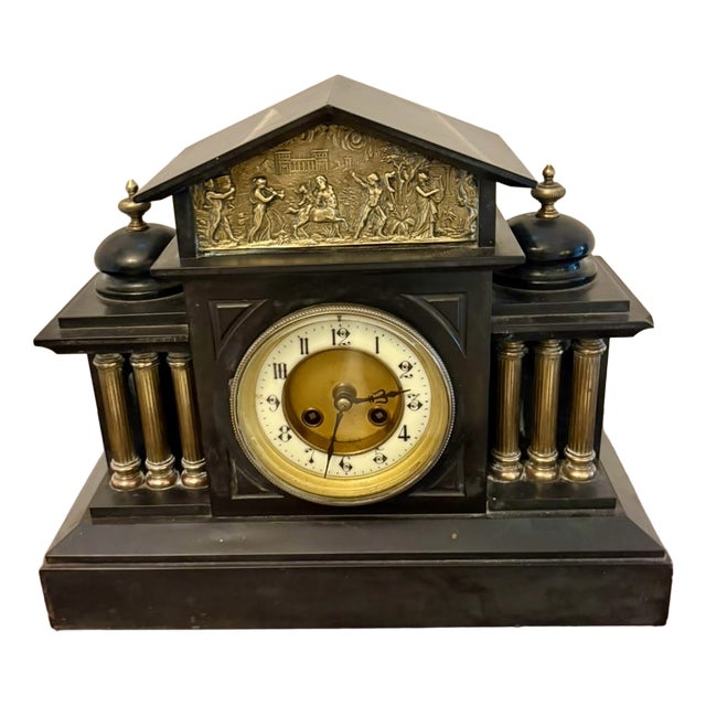 Antique French Architectural Mantel Clock in Black Marble and Gilt Brass, 1880 For Sale
