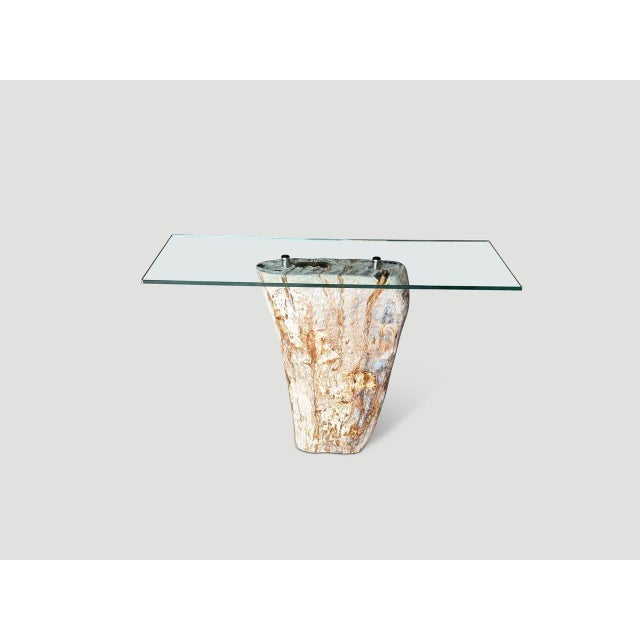 Contemporary Andrianna Shamaris Petrified Wood Base and Glass Top Console Table For Sale - Image 3 of 5