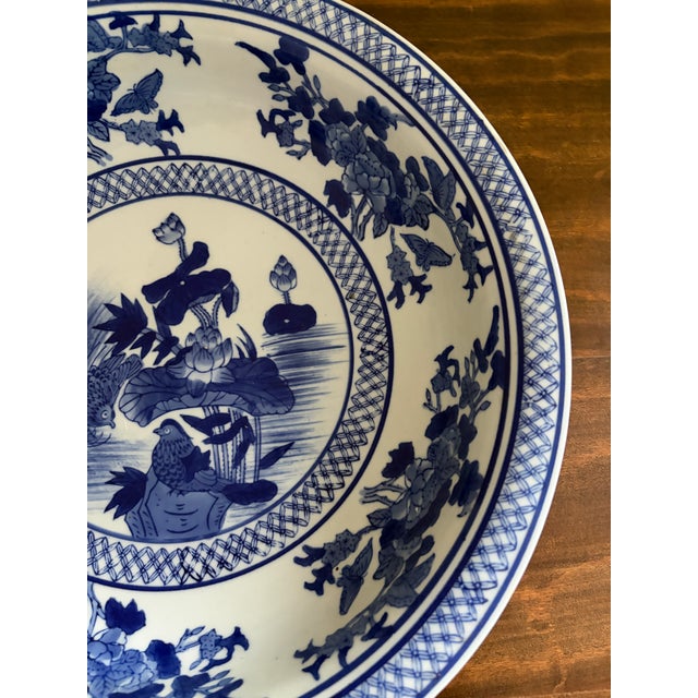 Blue Late 20th Century Chinoiserie Blue and White Porcelain Large Decorative Bowl For Sale - Image 8 of 9