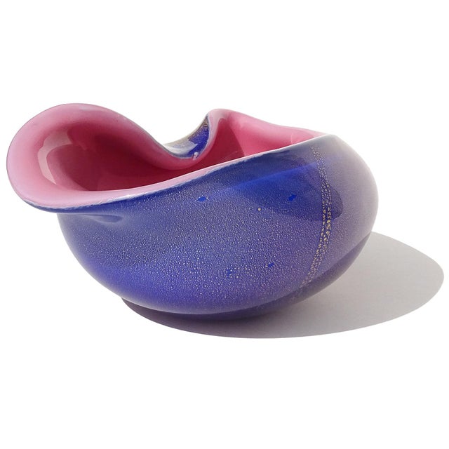 Mid-Century Modern Vintage Seguso Murano Blue Sapphire Pink Gold Flecks Italian Art Glass Mid Century Bowl Dish For Sale - Image 3 of 9