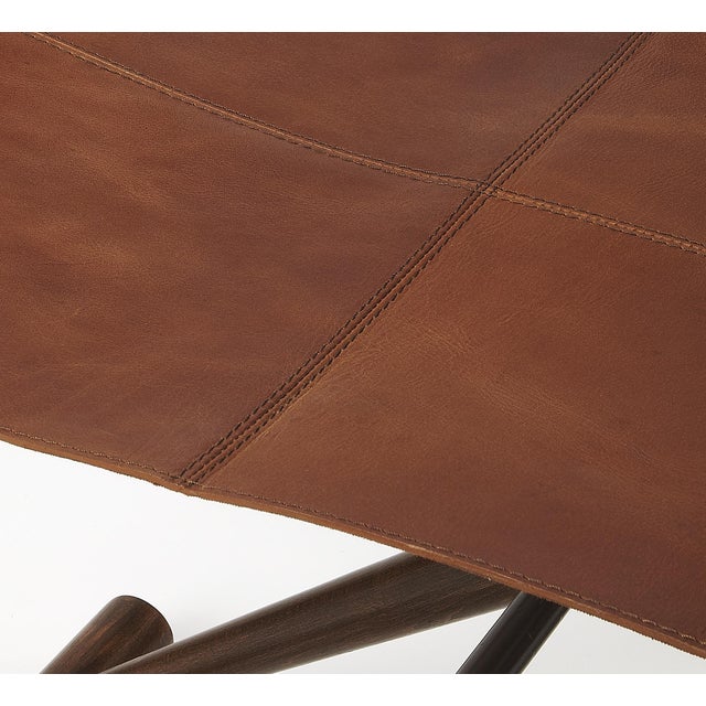 Mid-Century Modern Sutton 23.5 in. W Rectangular Leather and Wood Folding Accent Stool, Brown For Sale - Image 3 of 8