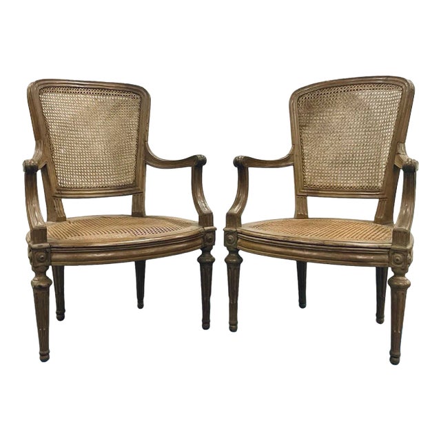 Antique Late 19th Century French Caned Arm Chairs Pair For Sale