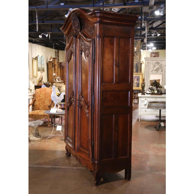 18th Century French Louis XV Carved Walnut Armoire Lyonnaise With Floral Motifs For Sale - Image 11 of 12